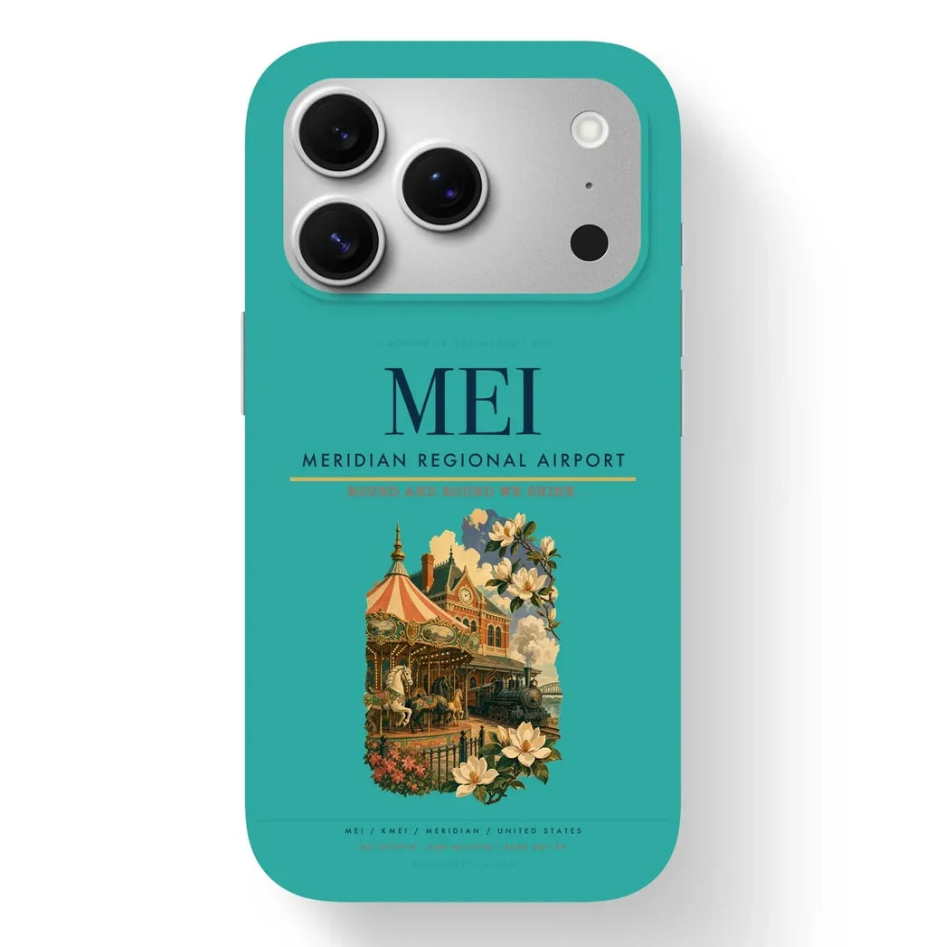 Meridian Airport (MEI) design on turquoise iPhone 17 Pro MagSafe case