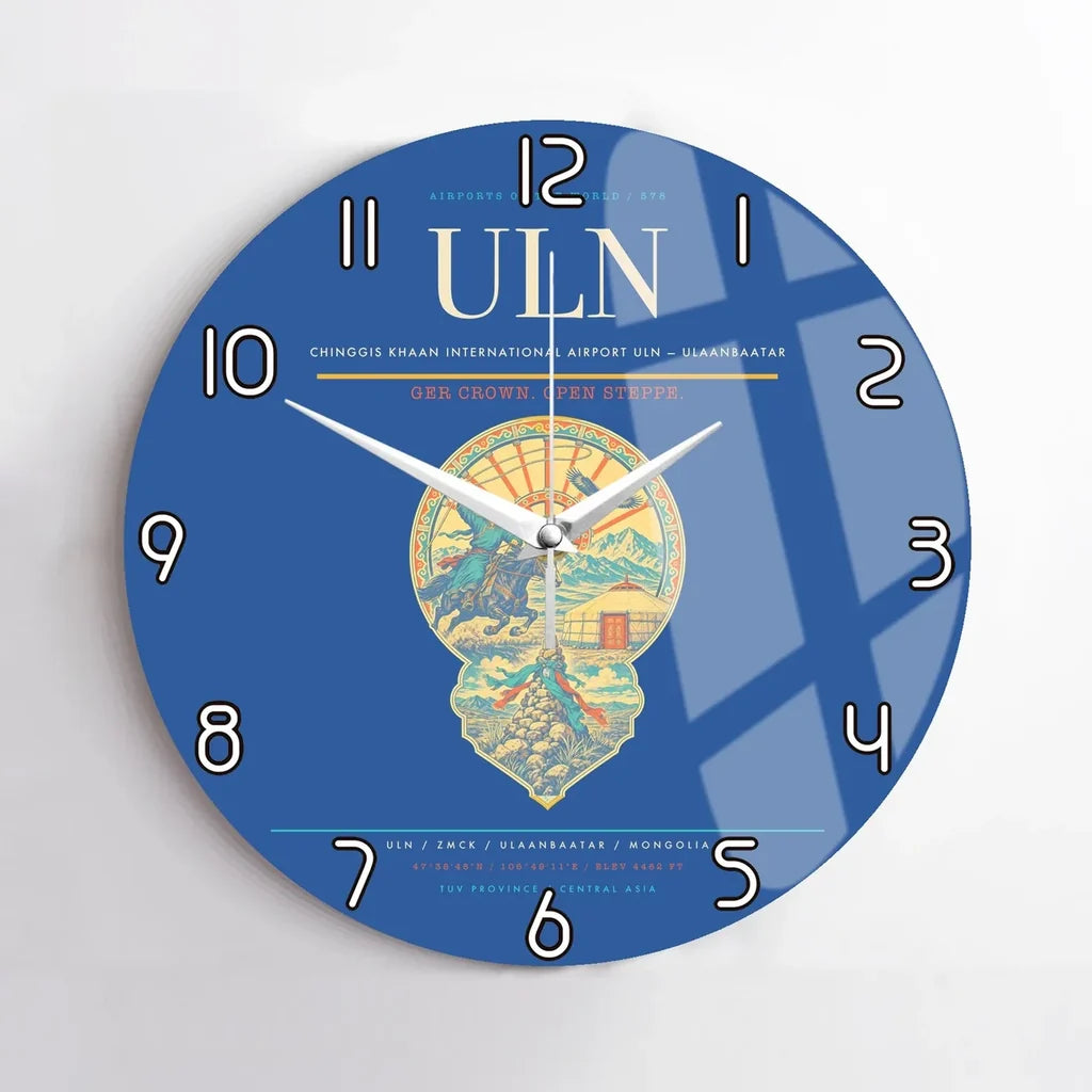 Chinggis Khaan International Airport (ULN) design on blue no frame wall clock