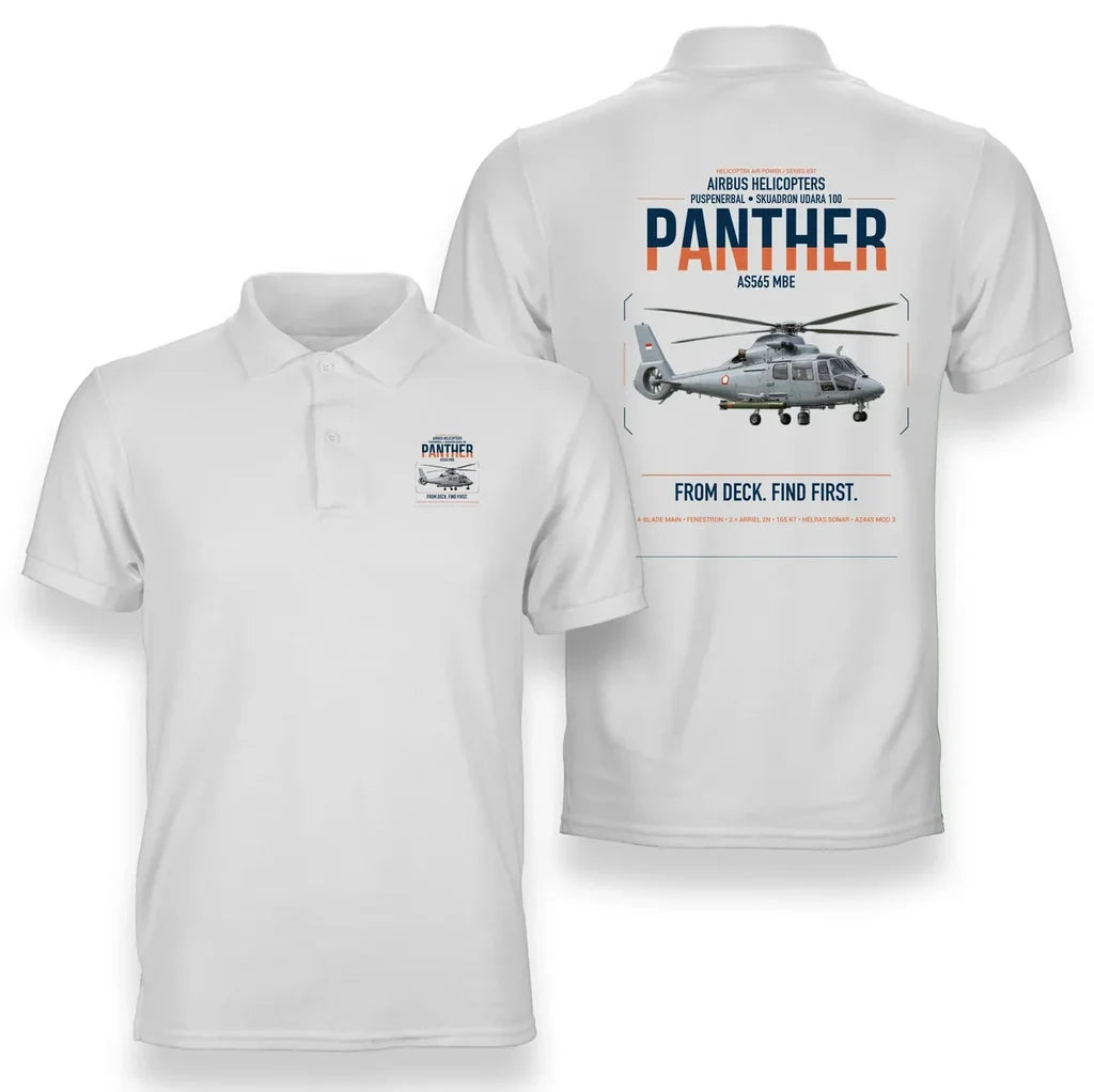 Airbus Helicopters AS565 MBe Panther design on white double-side polo t-shirt, double-side print