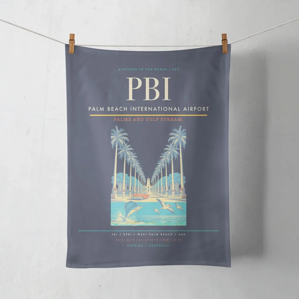 Palm Beach International Airport (PBI) design on navy blue towel