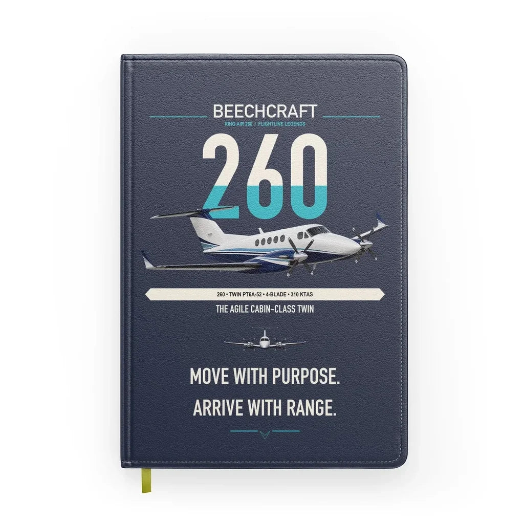 Beechcraft King Air 260 design on navy blue notebook