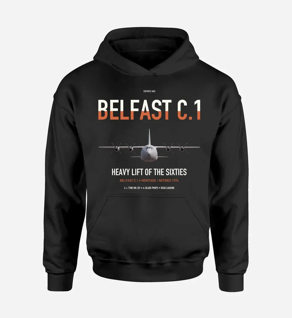 Short Belfast C.1 design on black double-side hoodie, single-side print