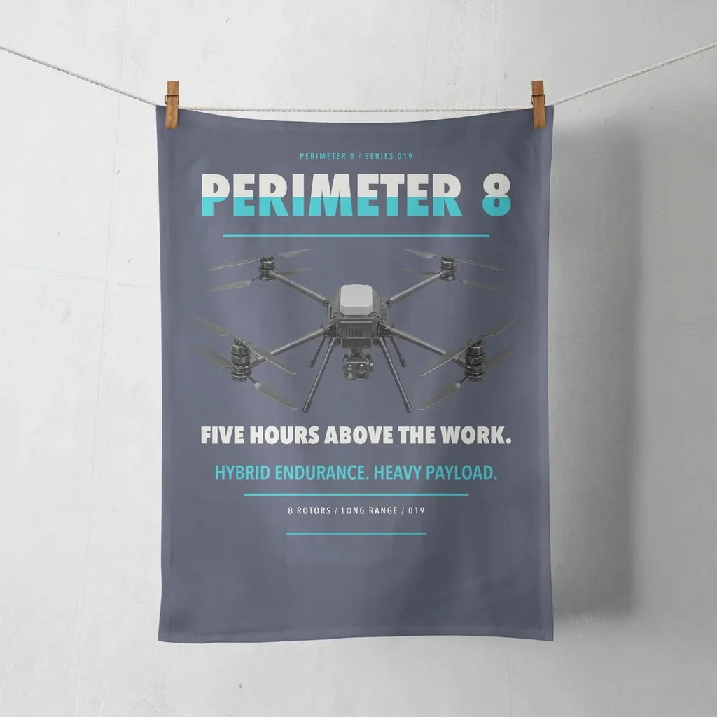 Skyfront Perimeter 8 design on navy blue towel