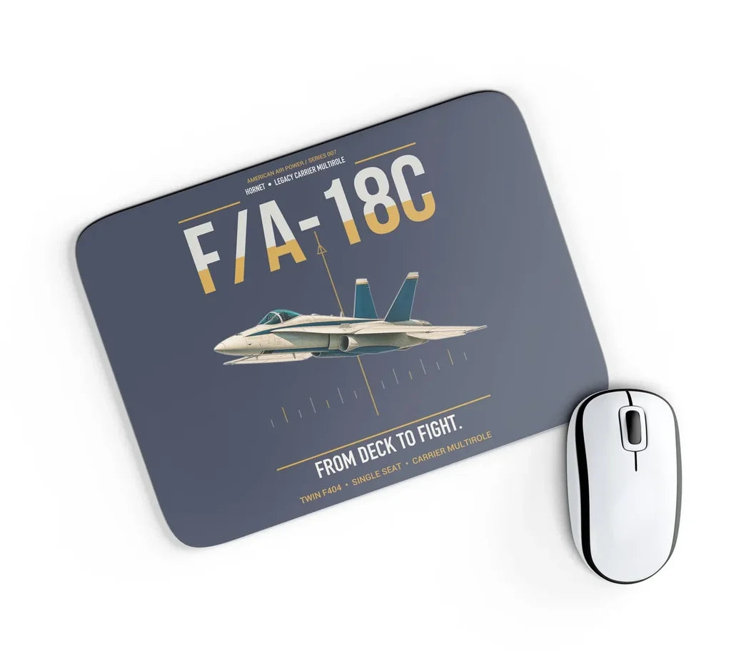 F-A-18C Hornet design on navy blue rectangle mouse pad