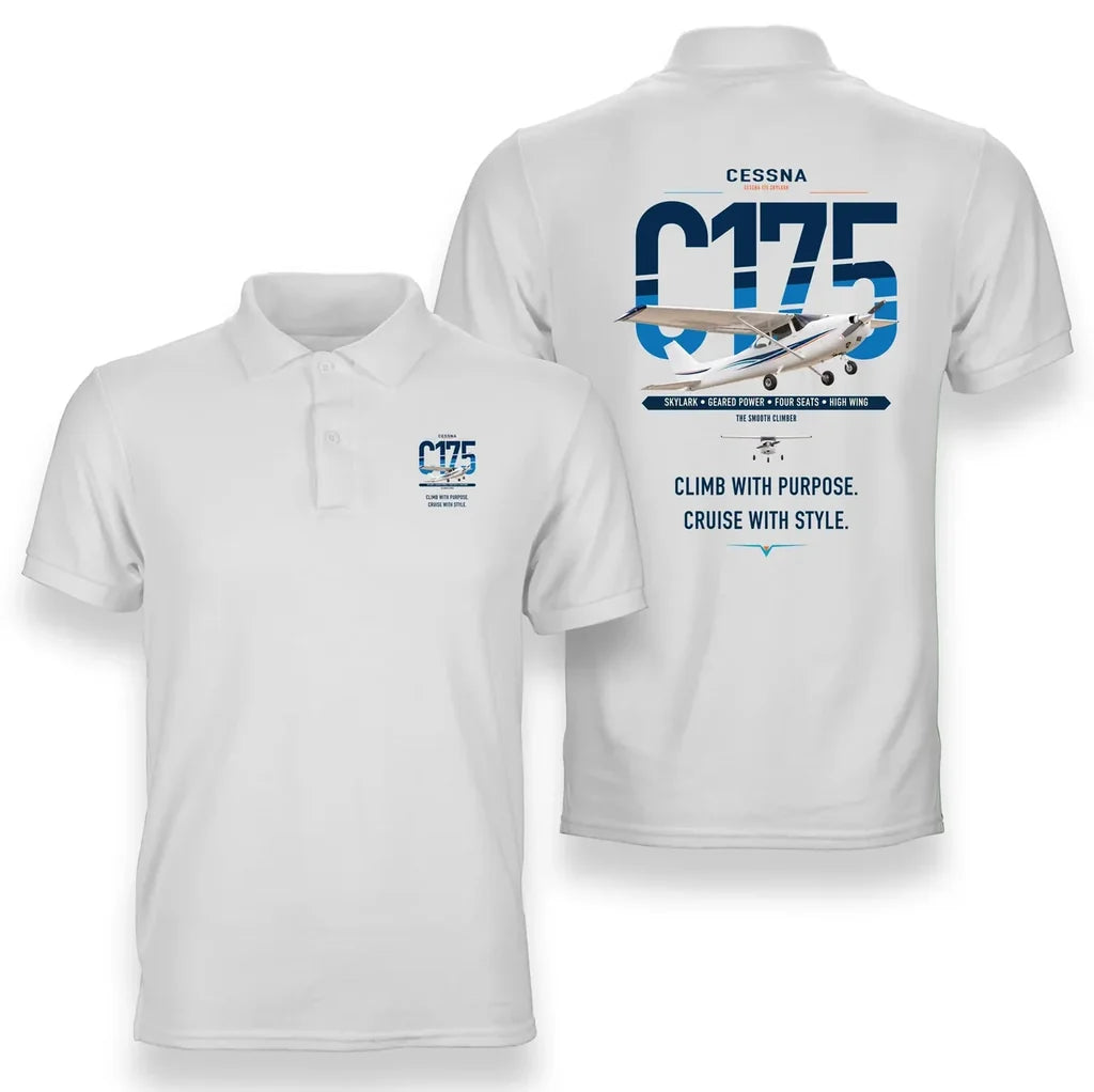 Cessna 175 Skylark design on white double-side polo t-shirt, double-side print