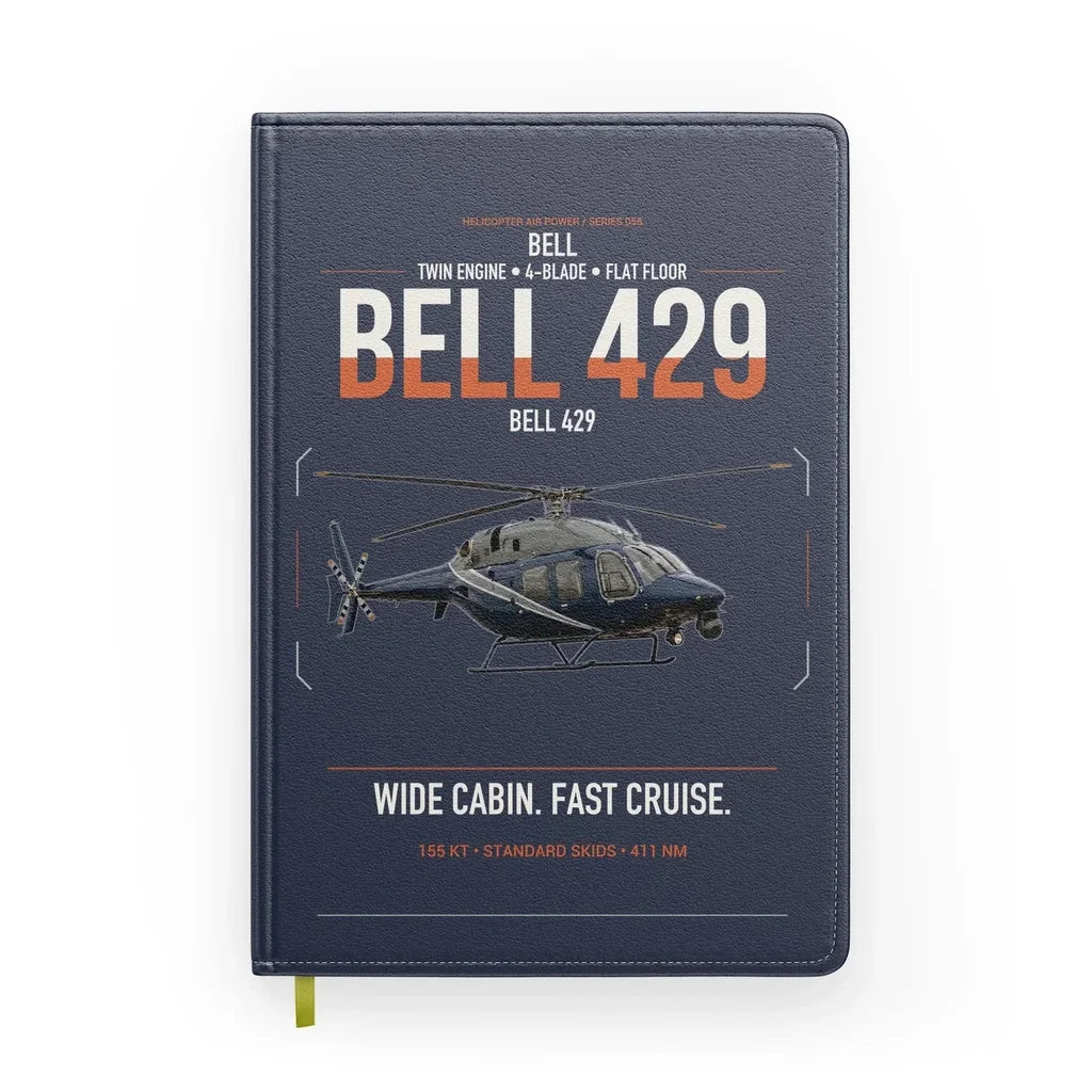 Bell 429 design on navy blue notebook