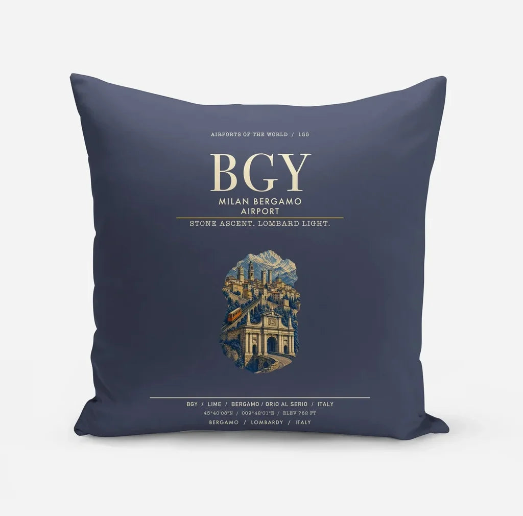 Milan Bergamo Airport (BGY) design on navy blue pillow