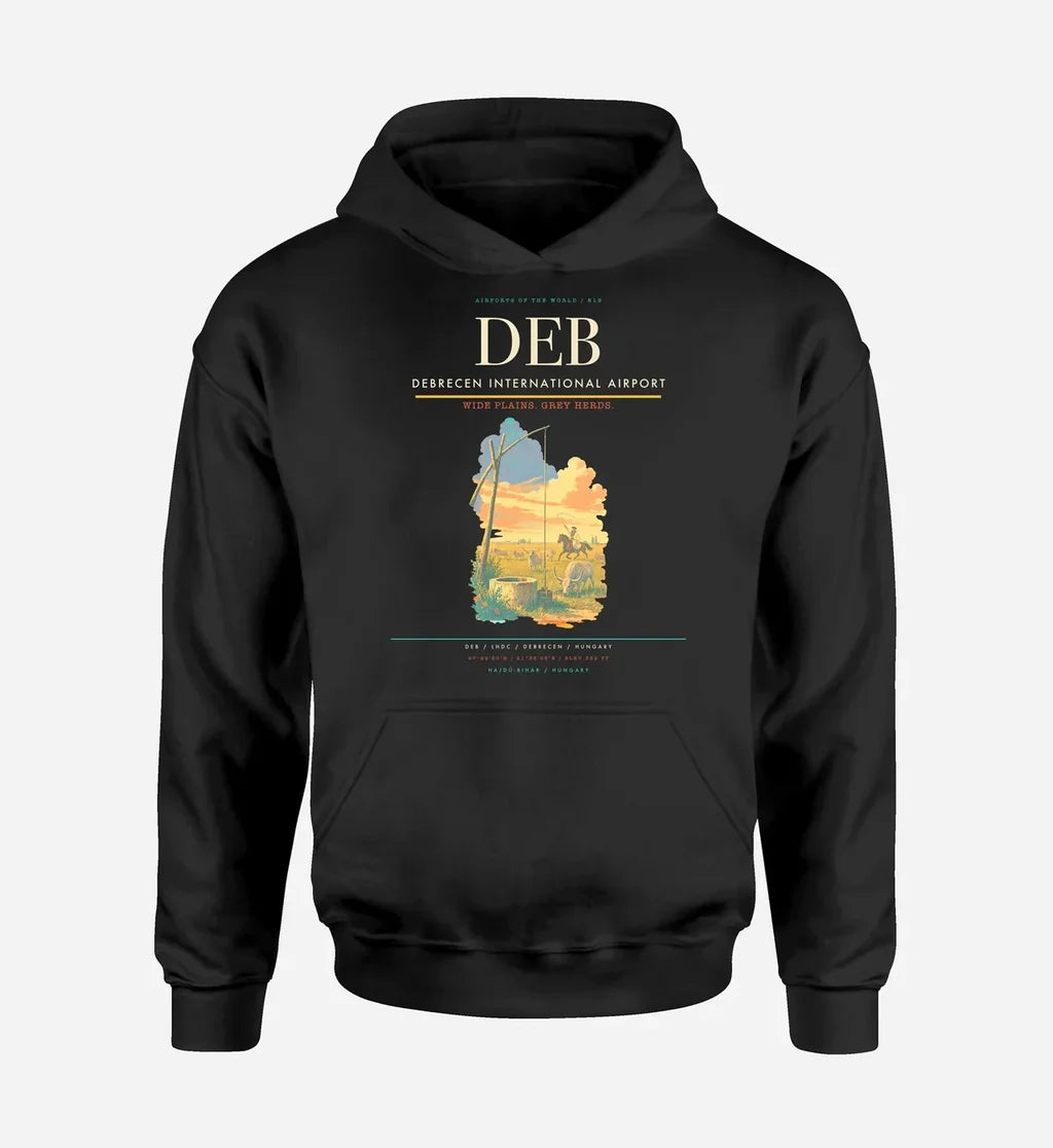 Debrecen International Airport (DEB) design on black hoodie single-side print