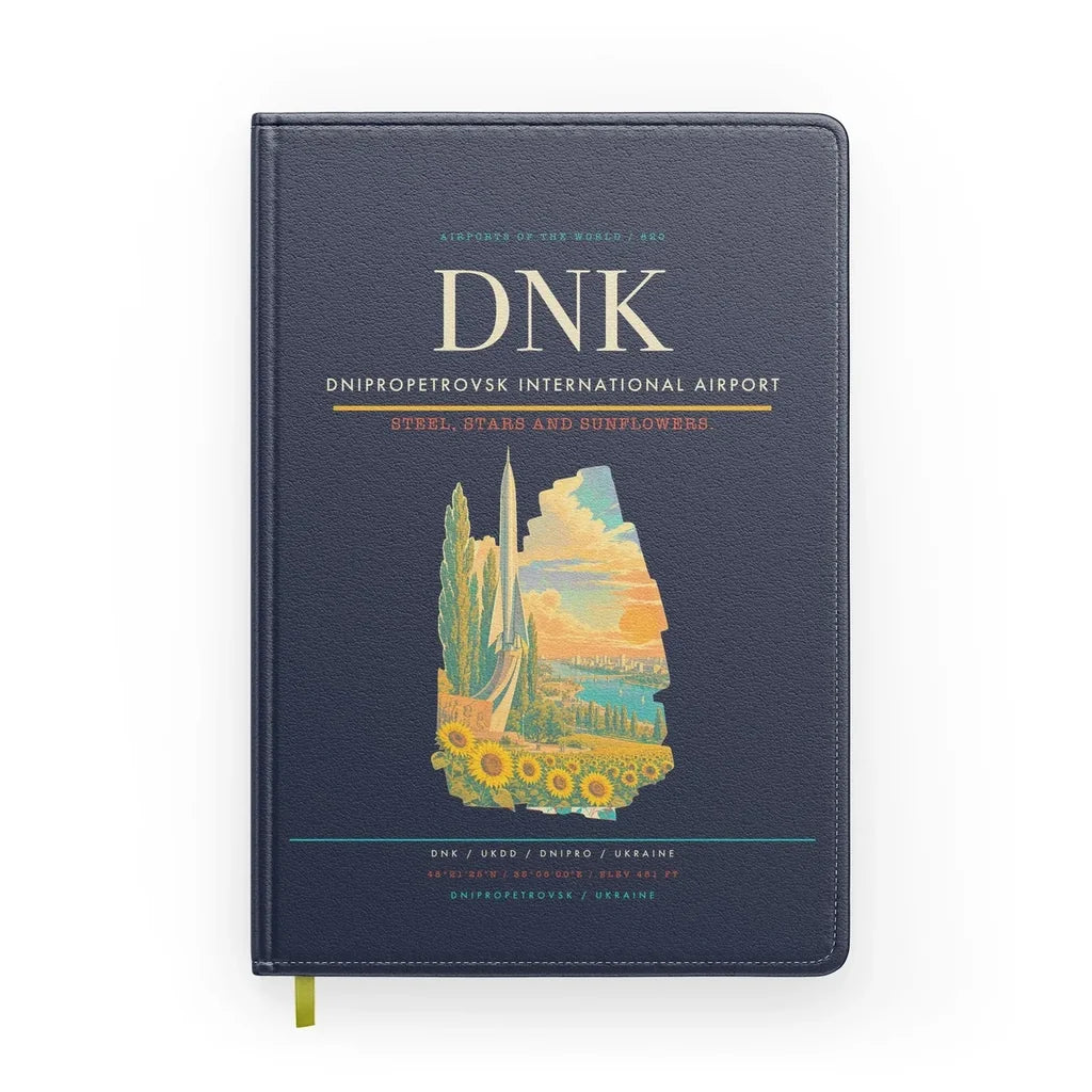 Dnipropetrovsk International Airport (DNK) design on navy blue notebook