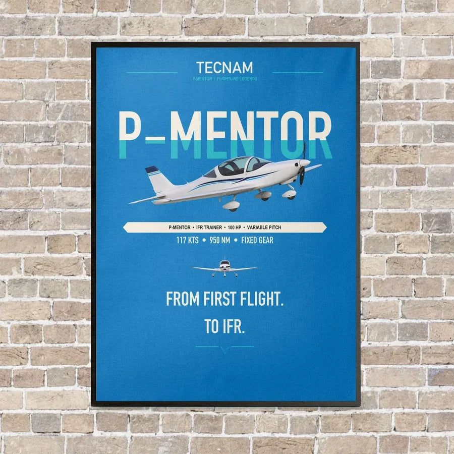 Tecnam P-Mentor vertical canvas print - framed - turquoise background