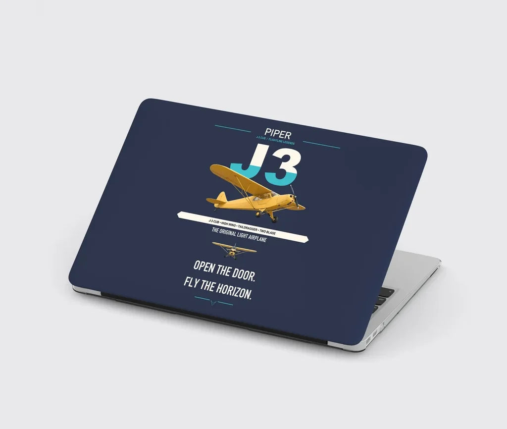Piper J-3 Cub design on navy blue MacBook case