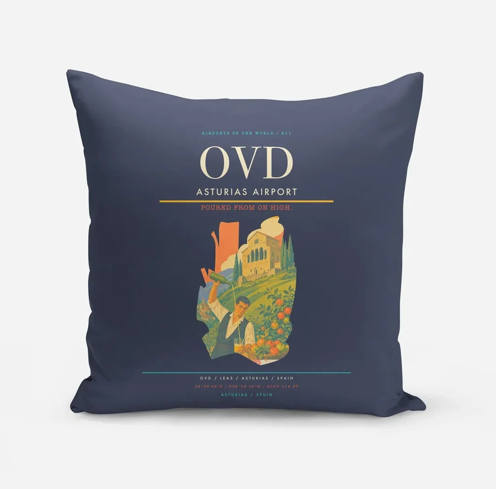 Asturias Airport (OVD) design on navy blue pillow