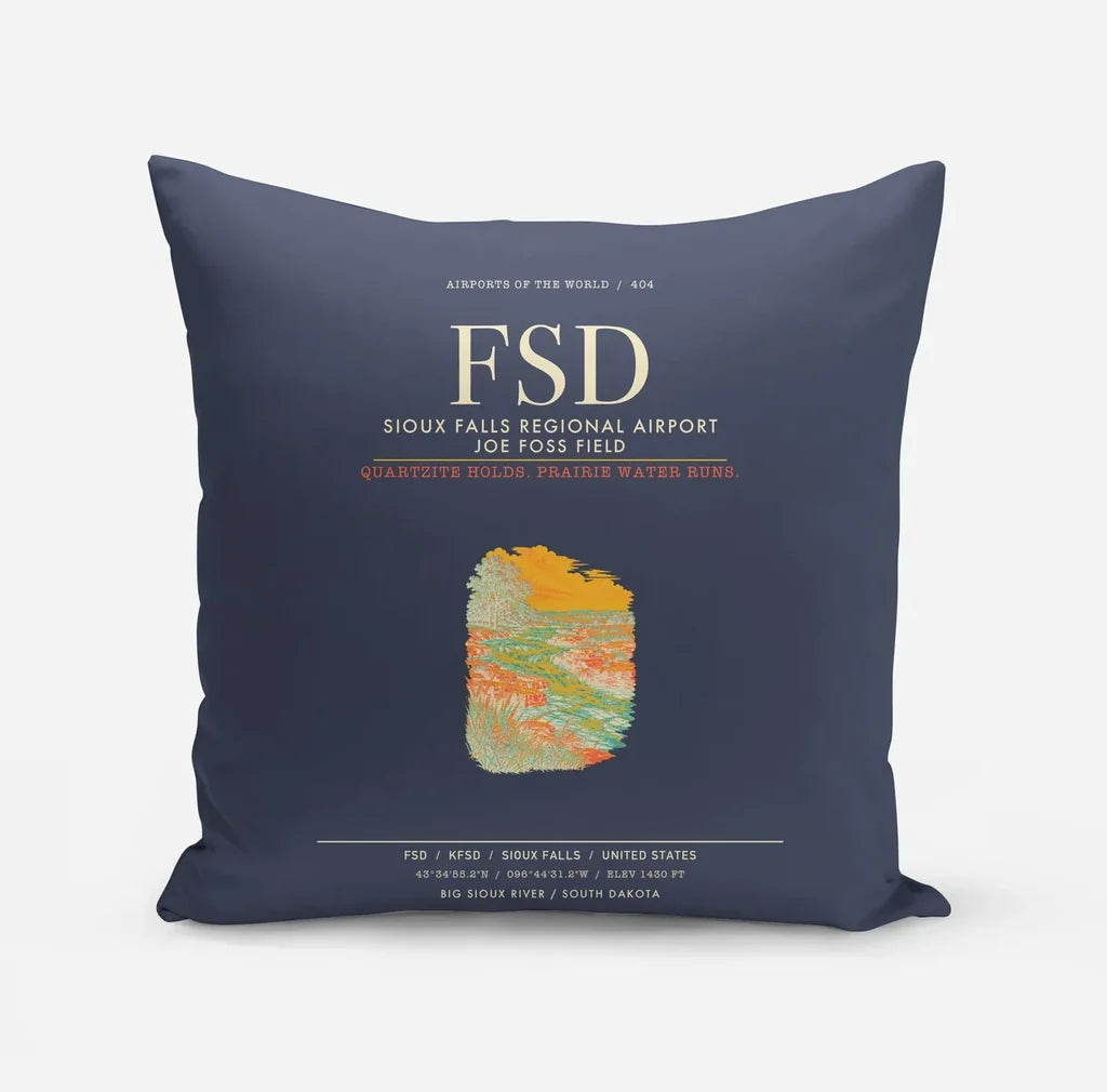 Sioux Falls Regional Airport Joe Foss Field (FSD) design on navy blue pillow