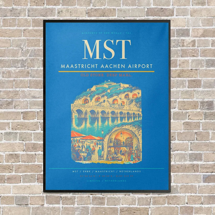 Maastricht Aachen Airport MST vertical canvas print - framed - turquoise background