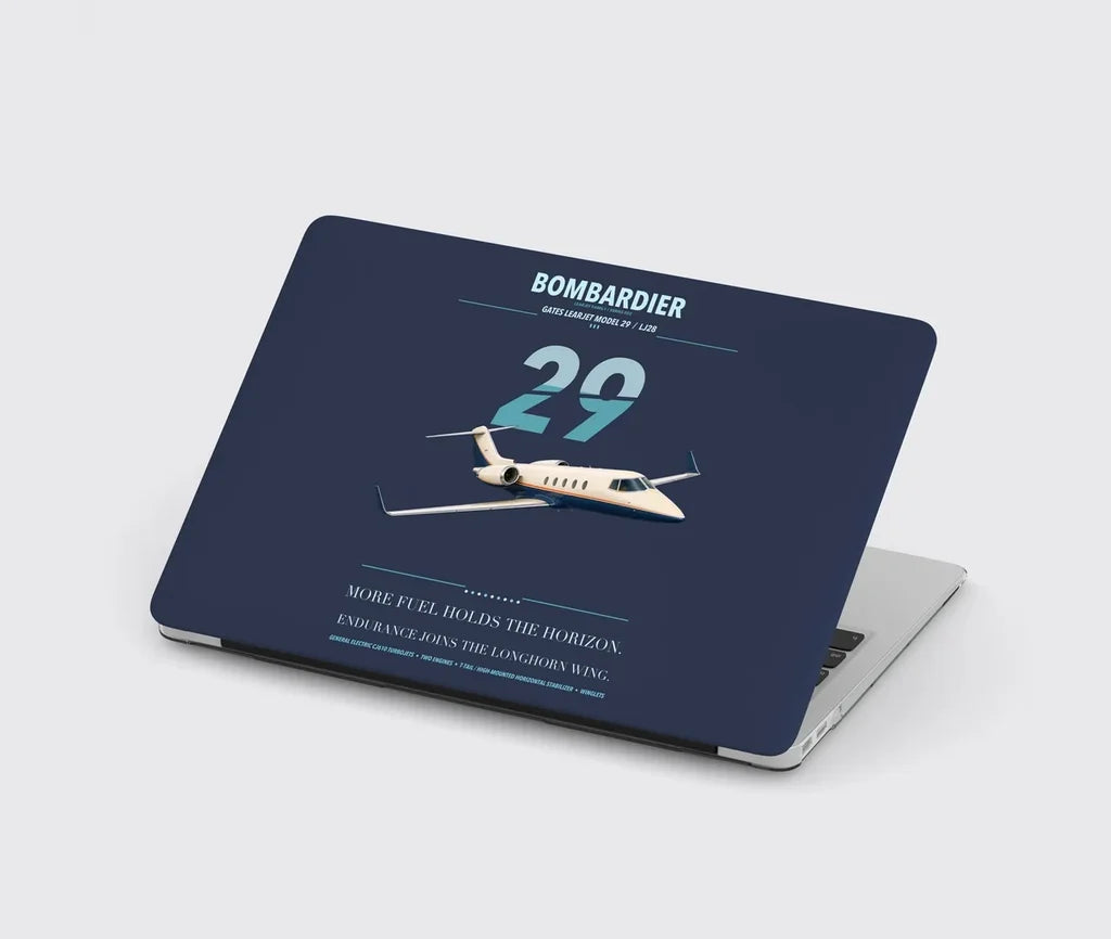 Bombardier Learjet 29 design on navy blue MacBook case