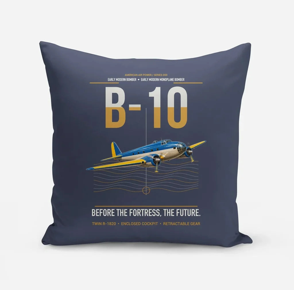 Martin B-10 design on navy blue pillow