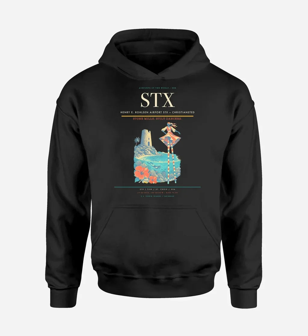 Henry E. Rohlsen Airport (STX) design on black hoodie single-side print