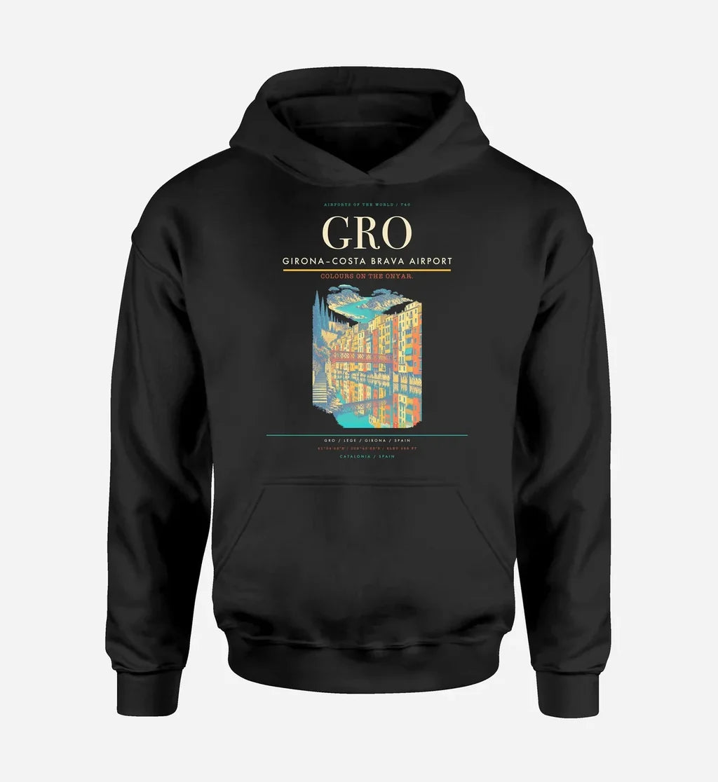 Girona–Costa Brava Airport (GRO) design on black hoodie single-side print