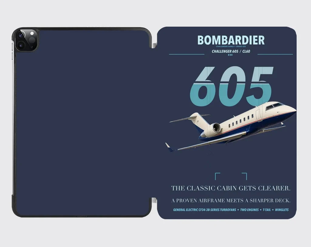 Bombardier Challenger 605 design on navy blue ipad tablet case