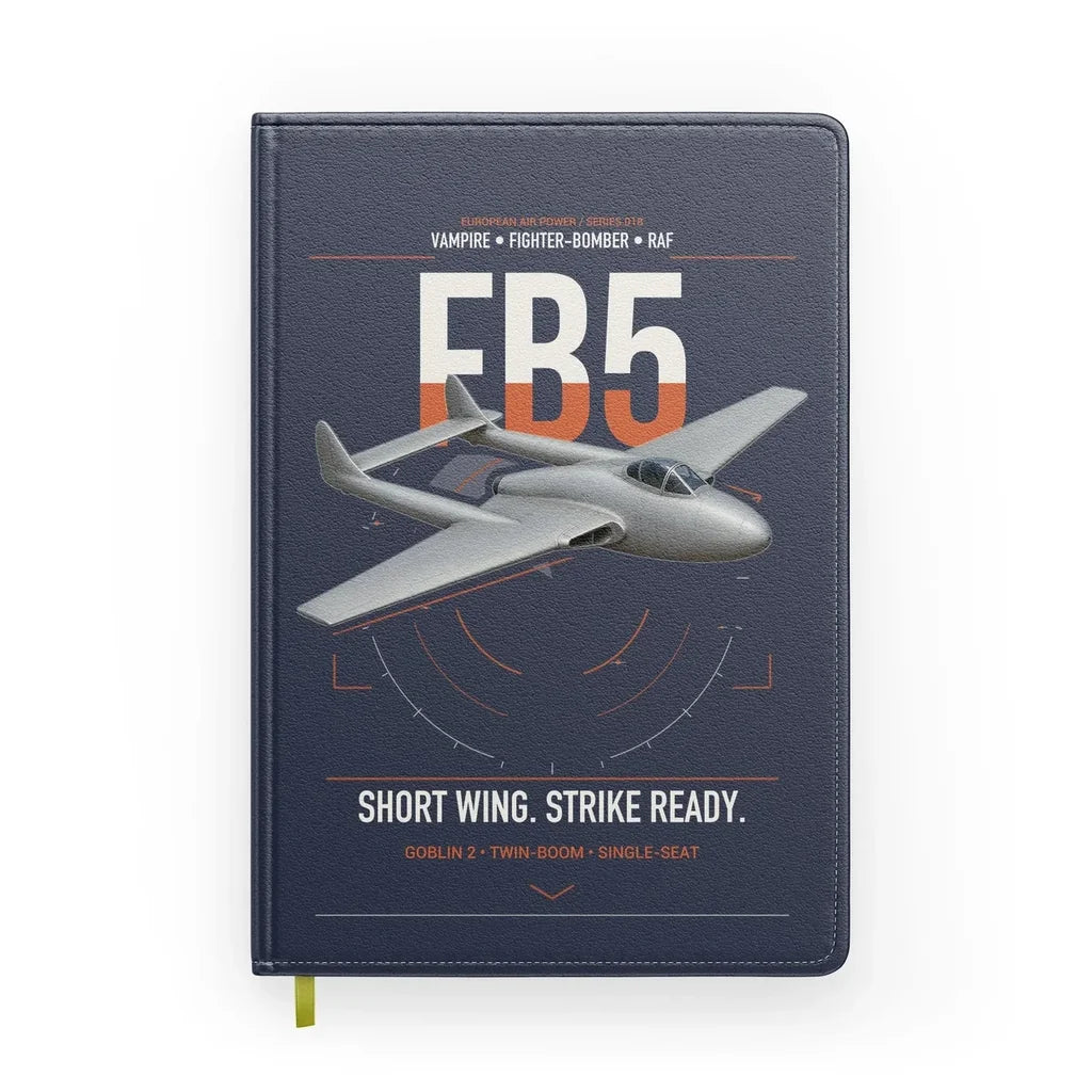 de Havilland Vampire FB5 design on navy blue notebook