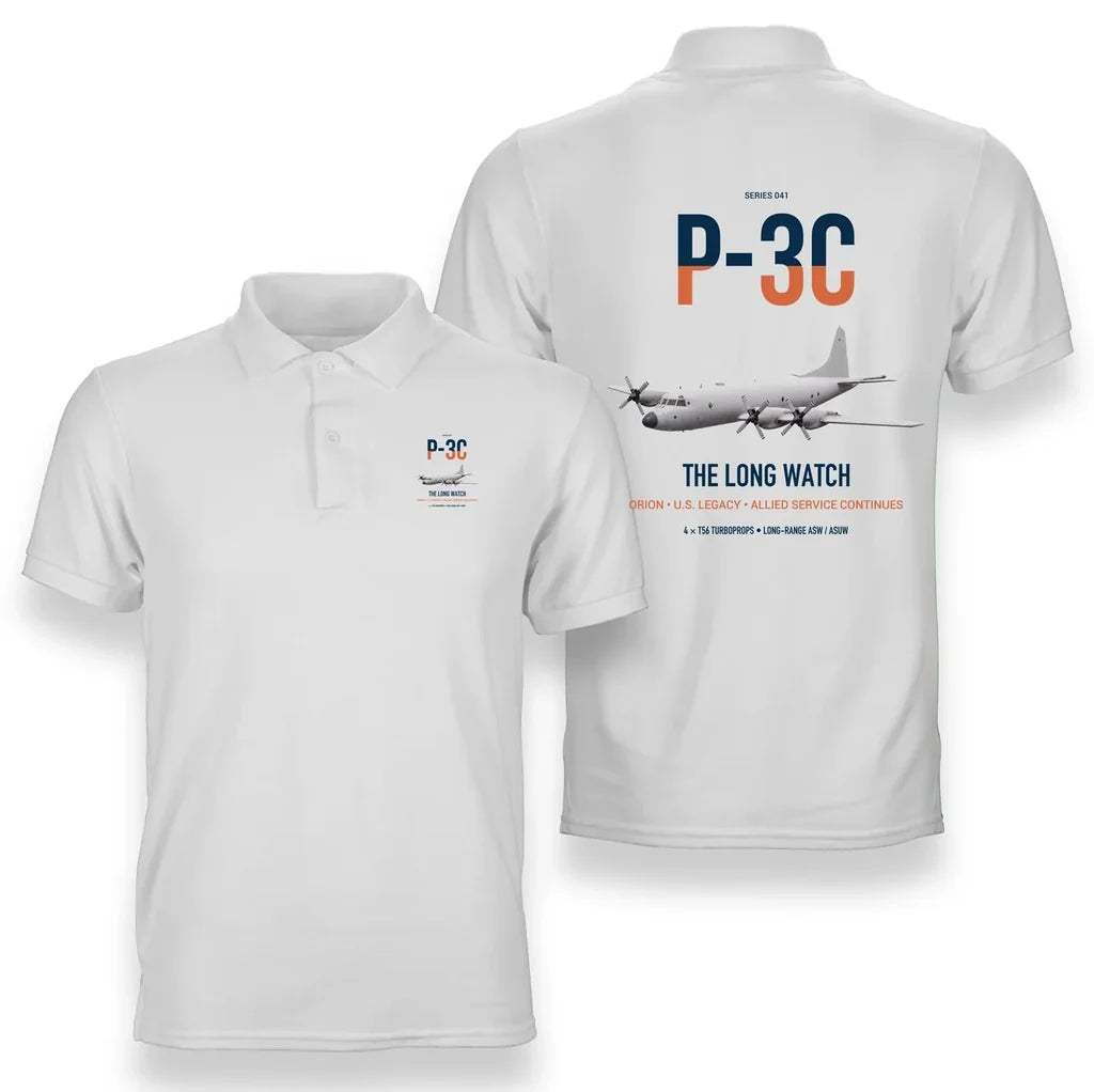 P-3C Orion design on white double-side polo t-shirt, double-side print