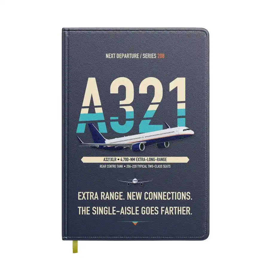 Airbus A321XLR design on navy blue notebook