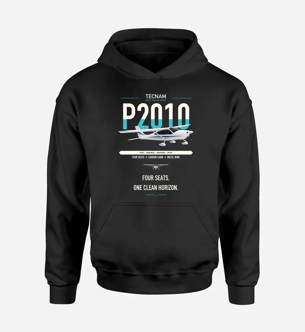 Tecnam P2010 design on black double-side hoodie, single-side print