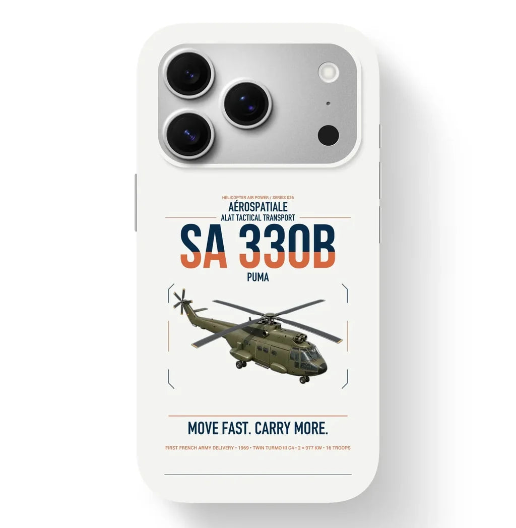 Aérospatiale SA 330B Puma design on white magsafe iphone case, for iPhone 17 Pro