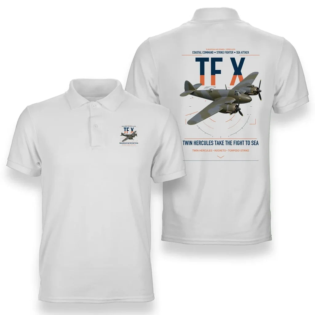 Bristol Beaufighter TF X design on white double-side polo t-shirt, double-side print