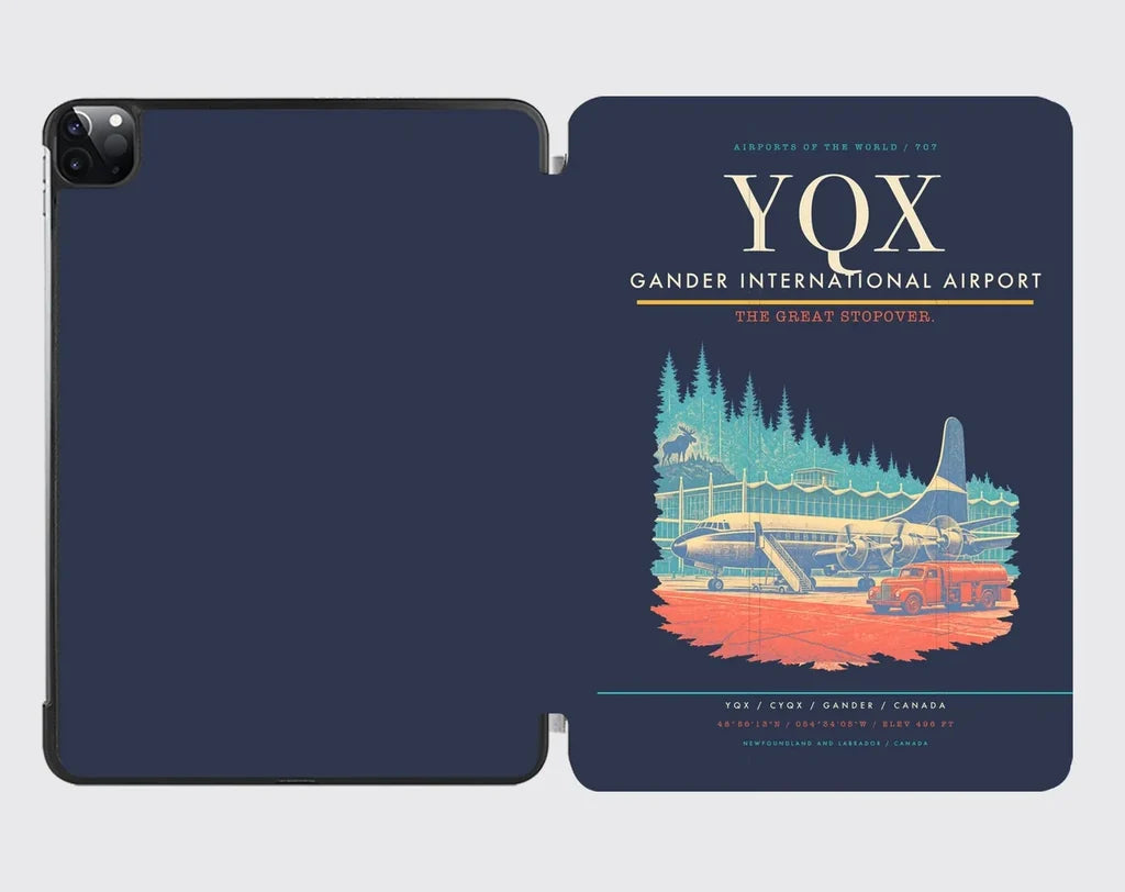 Gander International Airport (YQX) design on navy blue ipad tablet case