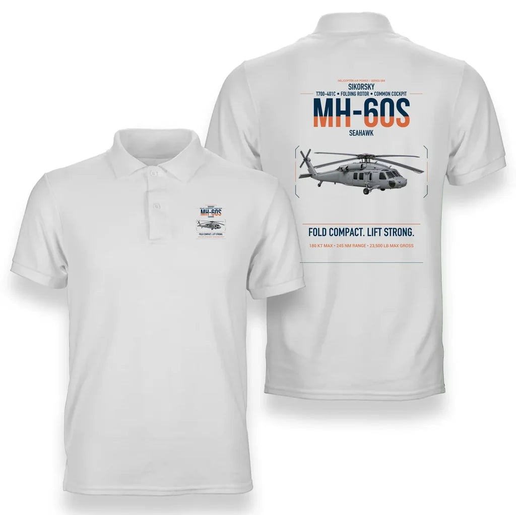 Sikorsky MH-60S Seahawk design on white double-side polo t-shirt, double-side print