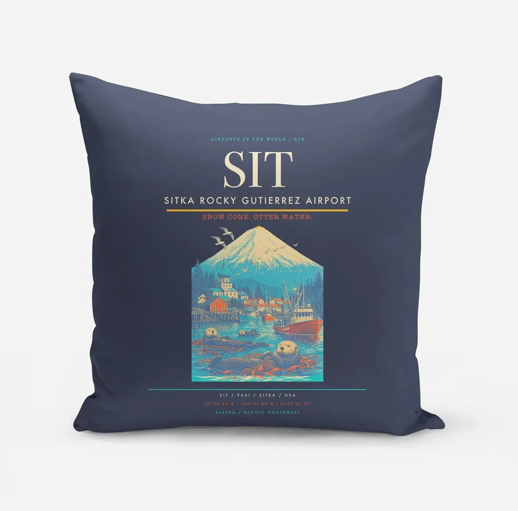 Sitka Rocky Gutierrez Airport (SIT) design on navy blue pillow