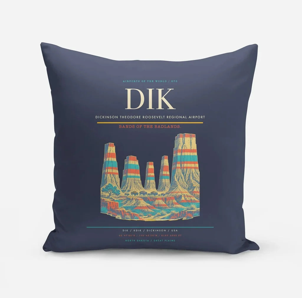 Dickinson Theodore Roosevelt Regional Airport (DIK) design on navy blue pillow