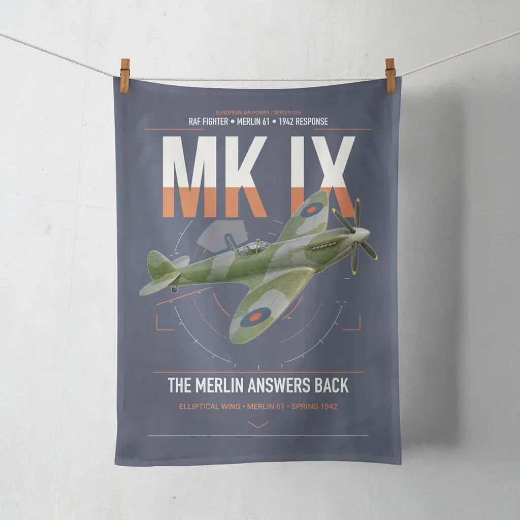 Supermarine Spitfire Mk IX design on navy blue towel