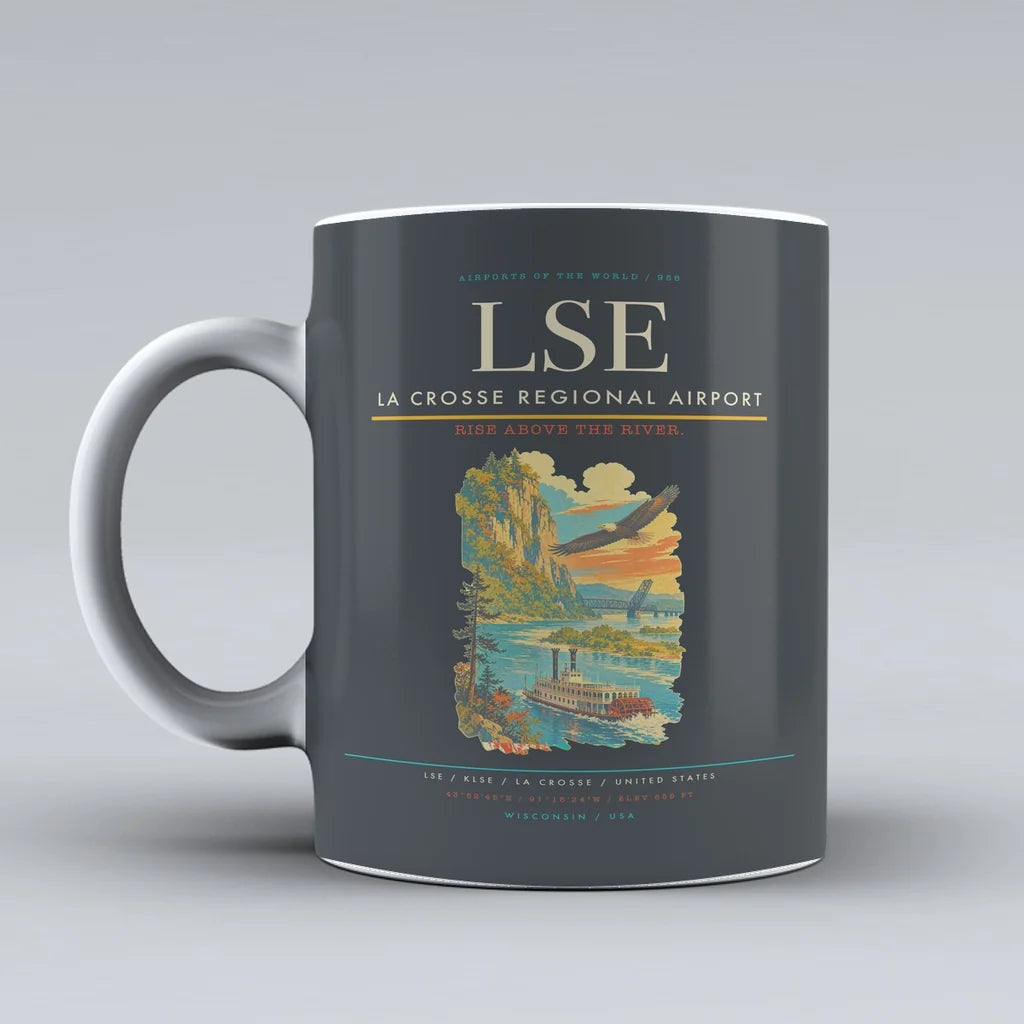 La Crosse Regional Airport (LSE) airport code design on gray ceramic mug