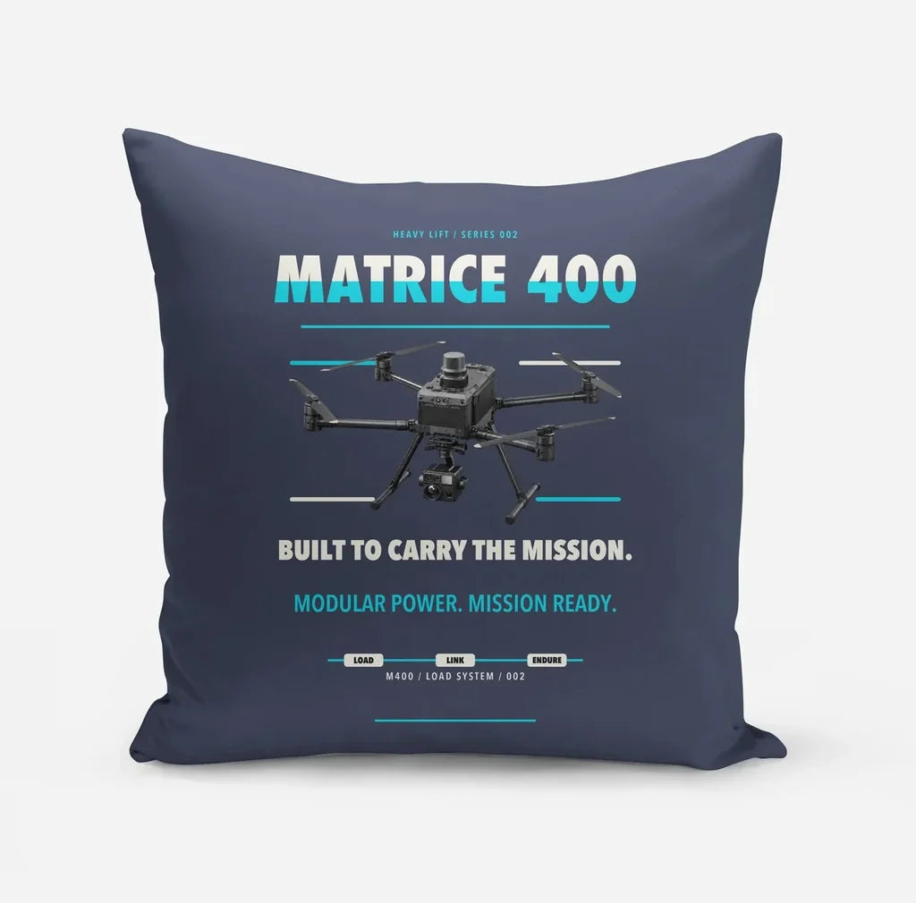 DJI Matrice 400 design on navy blue pillow
