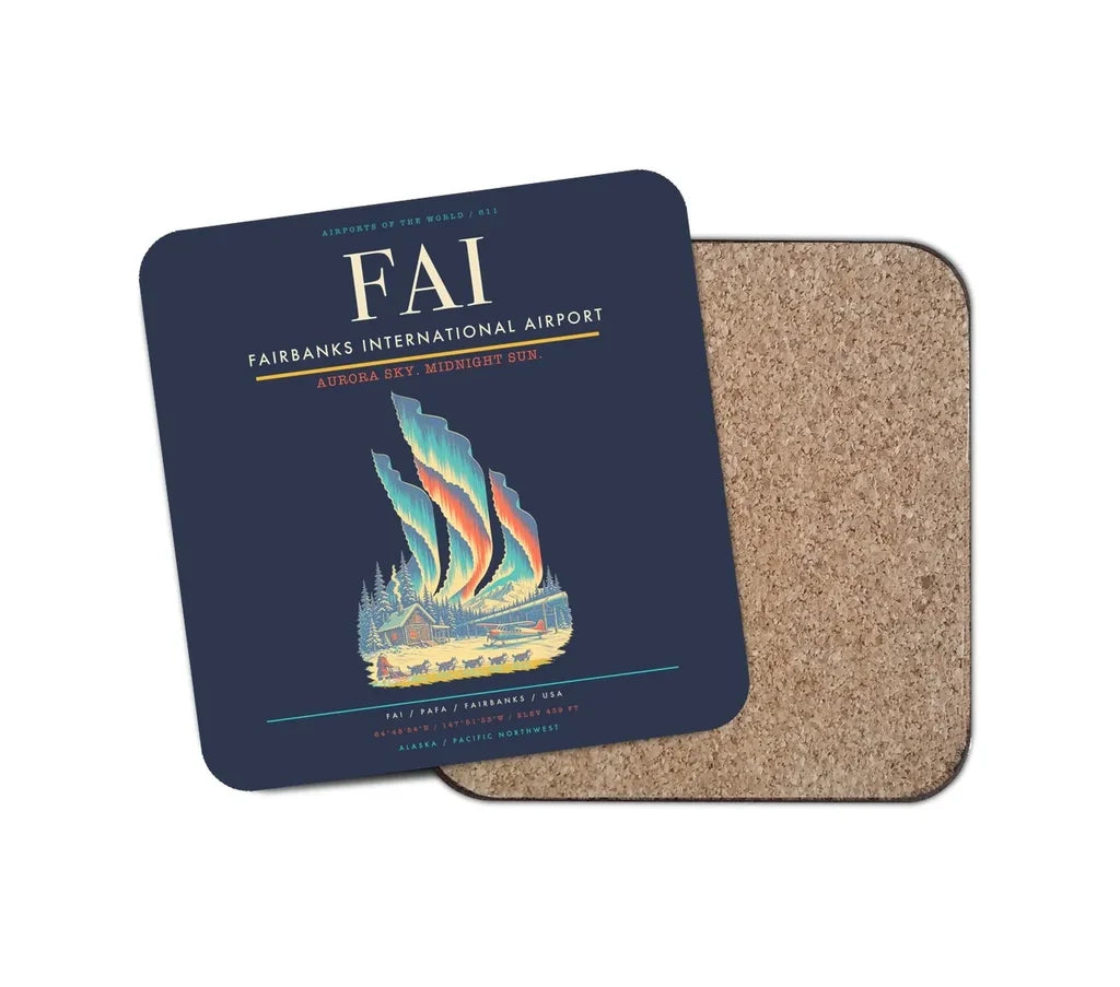 Fairbanks International Airport (FAI) design on navy blue 1 piece coaster