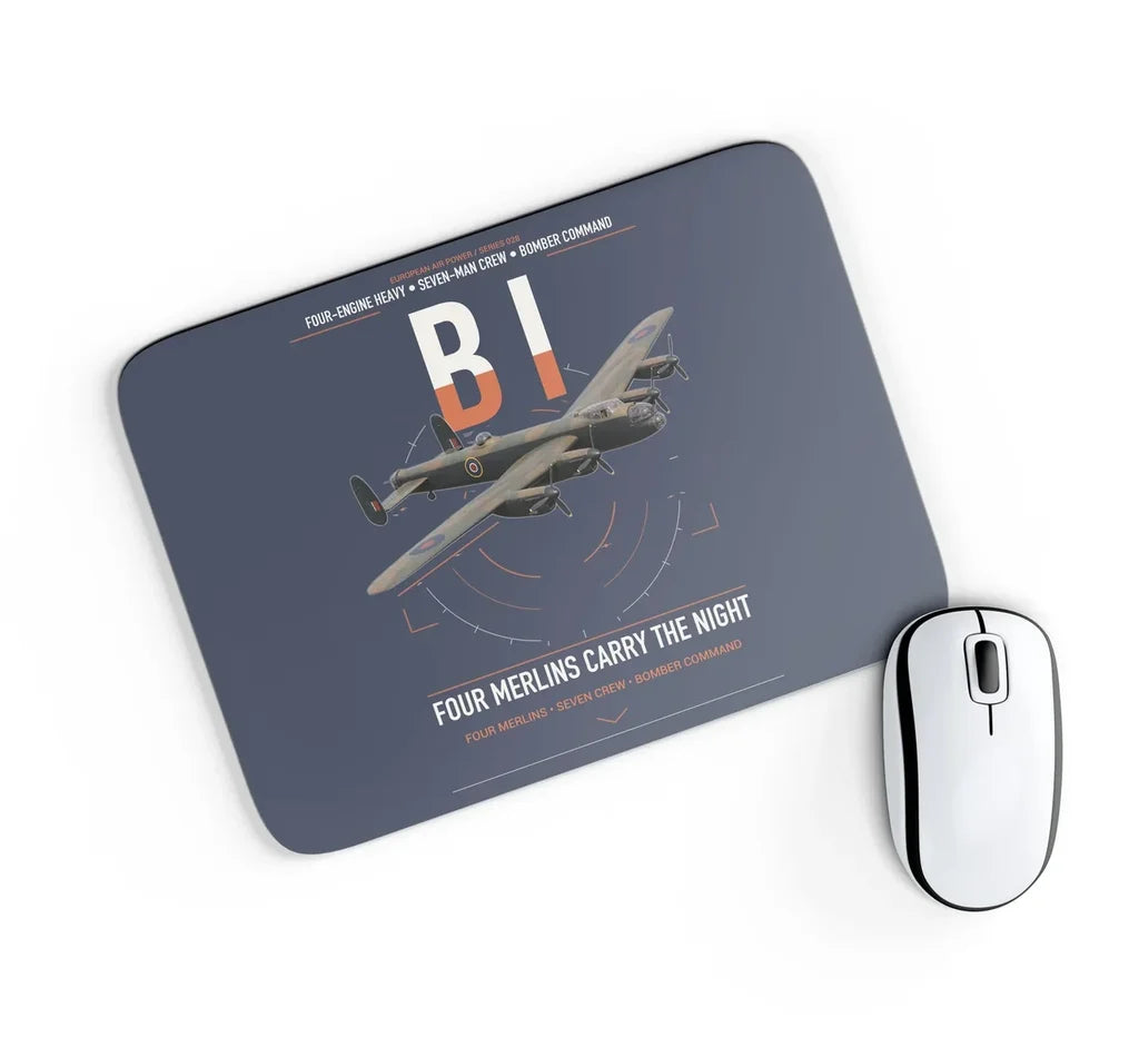 Avro Lancaster B I design on navy blue rectangle mouse pad