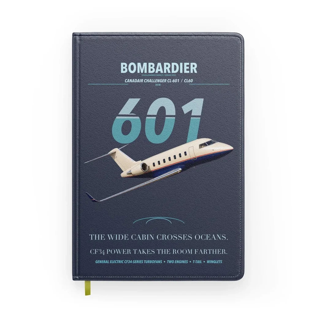 Bombardier Challenger 601 design on navy blue notebook