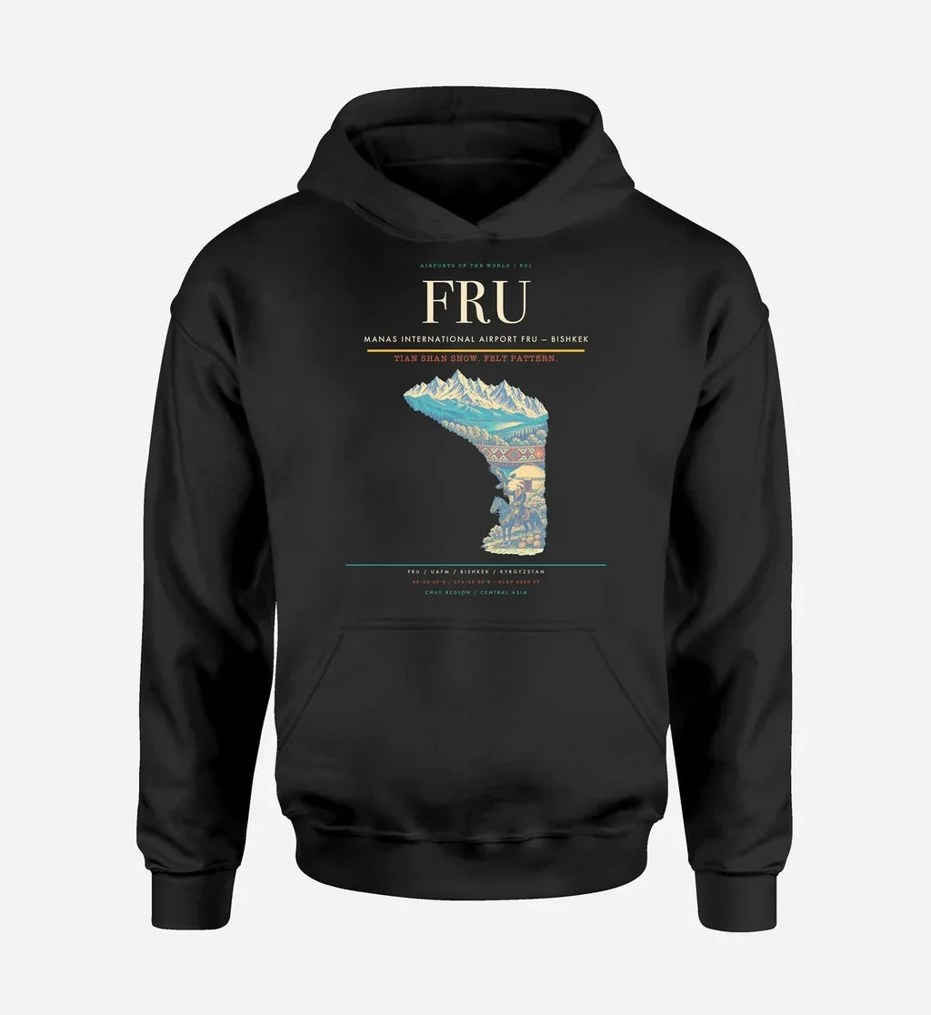 Manas International Airport (FRU) design on black hoodie single-side print