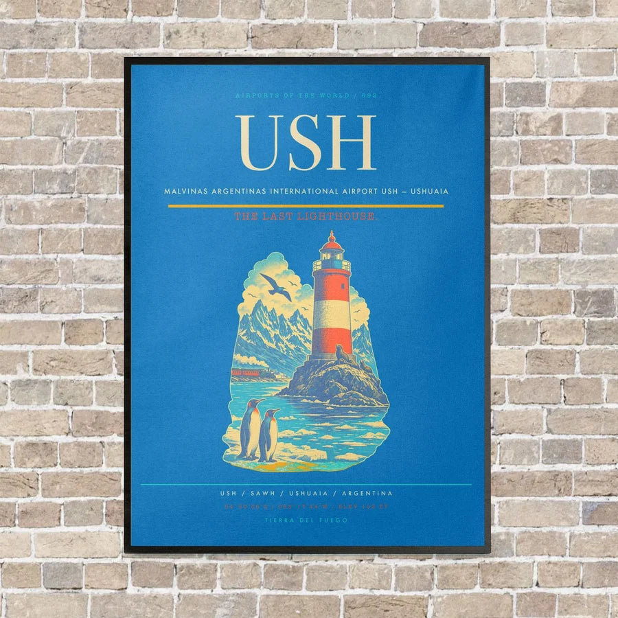 Malvinas Argentinas International Airport USH — Ushuaia vertical canvas print - framed - turquoise background