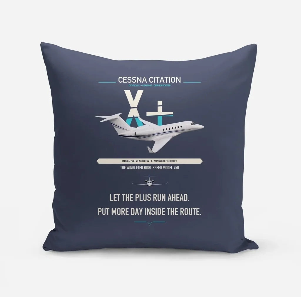 Cessna Citation X+ design on navy blue pillow