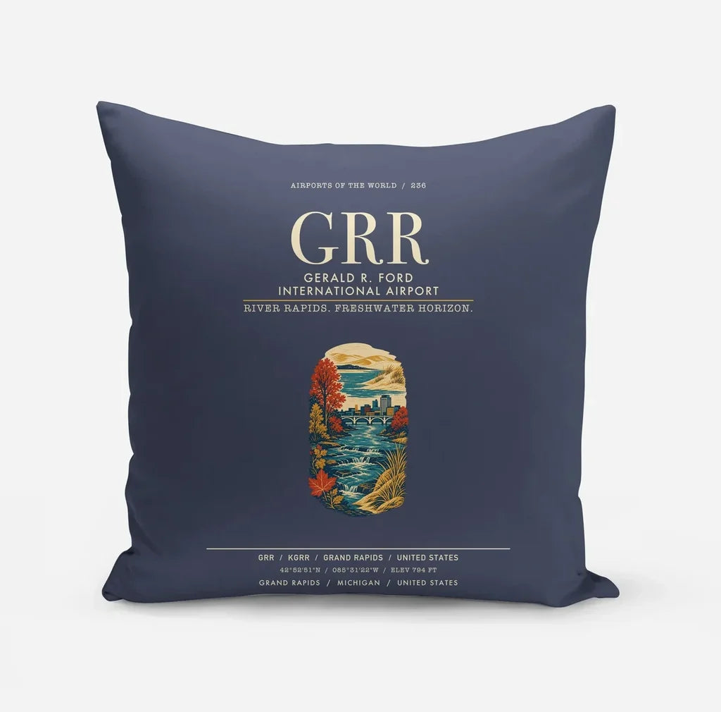 Gerald R. Ford International Airport Grand Rapids (GRR) design on navy blue pillow