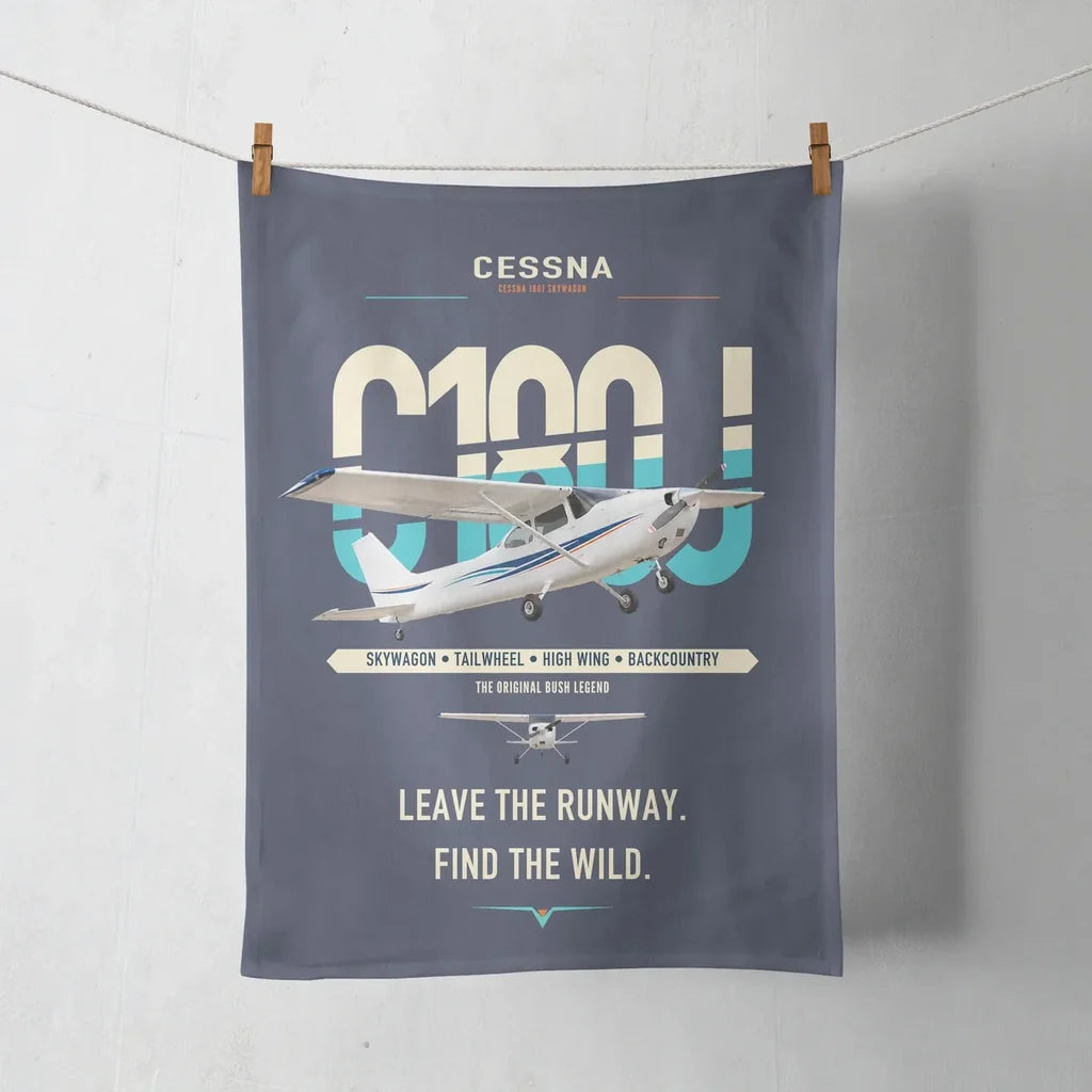 Cessna 180J Skywagon design on navy blue towel