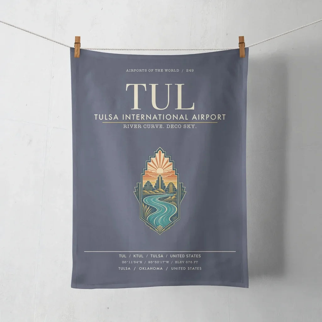 Tulsa International Airport (TUL) design on navy blue towel