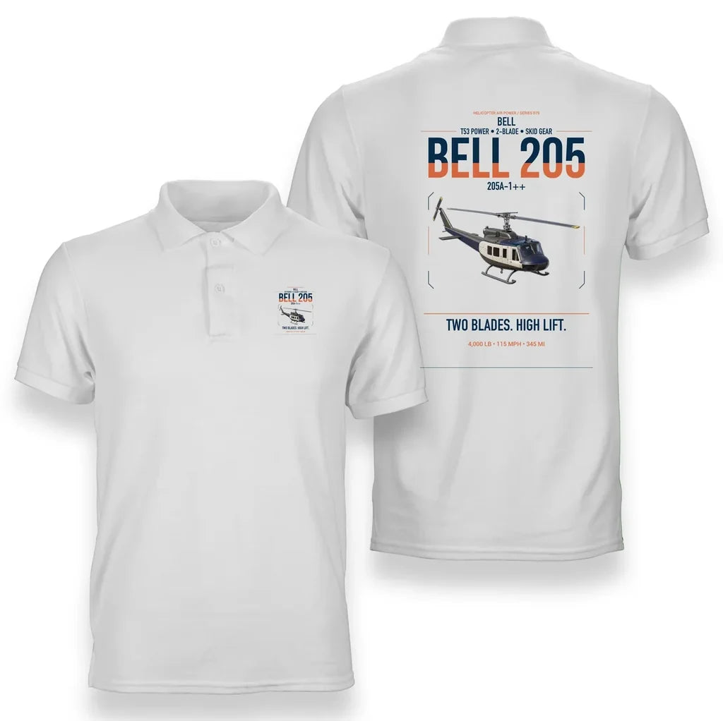 Bell 205A-1++ design on white double-side polo t-shirt, double-side print