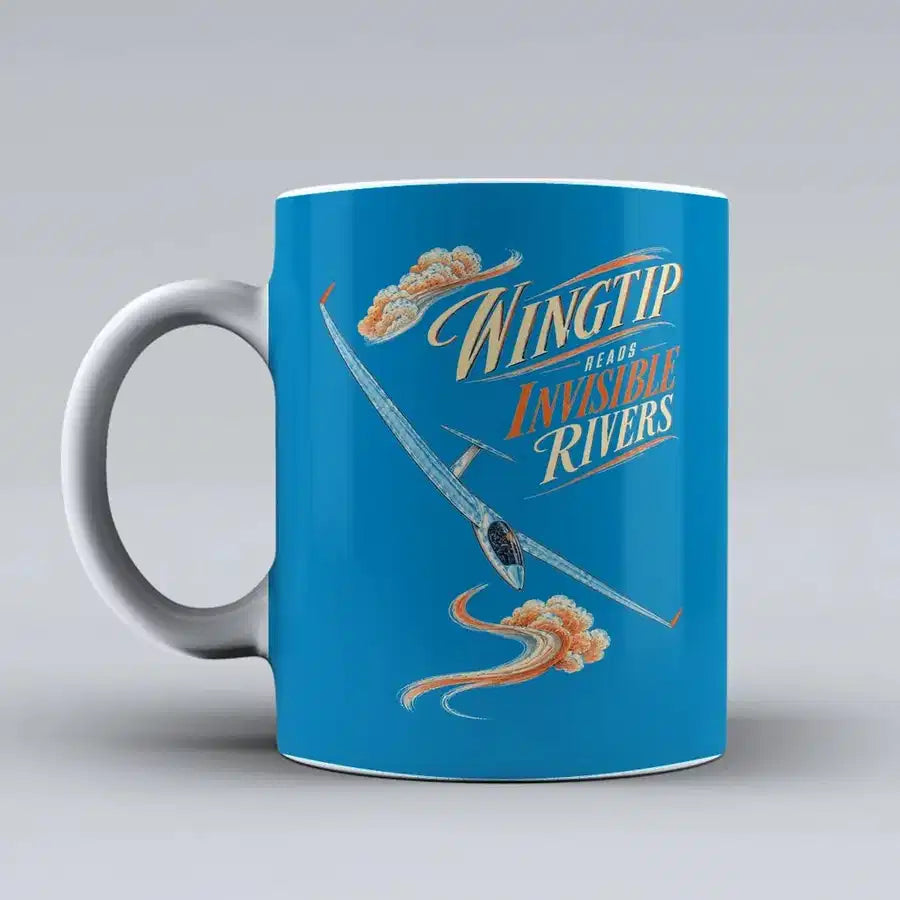 588 - Wingtip Reads Invisible Rivers - Mug design on turquoise signal