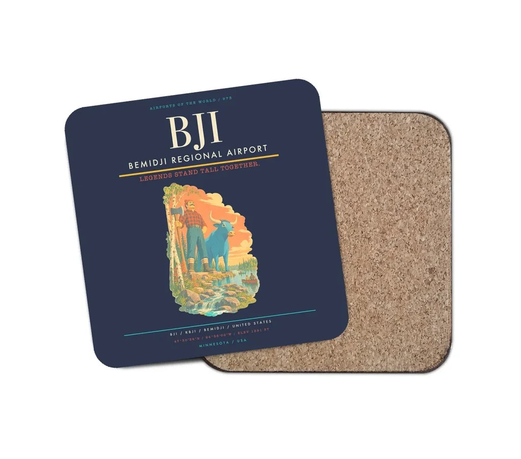 Bemidji Regional Airport (BJI) design on navy blue 1 piece coaster