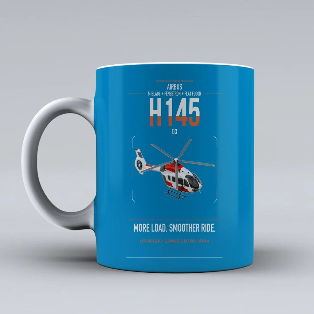 Airbus H145 D3 design on turquoise ceramic mug, double-side print