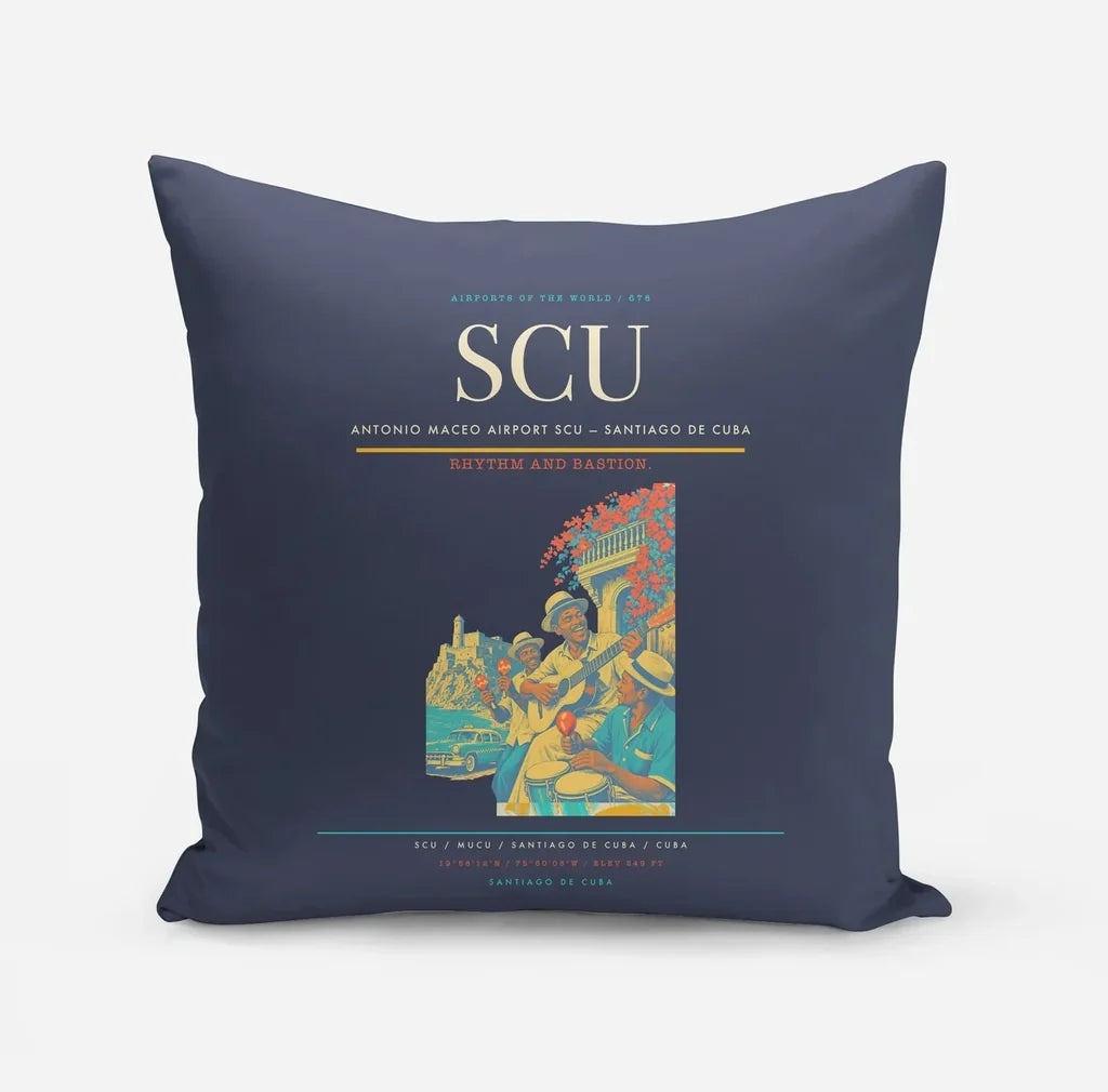 Antonio Maceo Airport (SCU) design on navy blue pillow